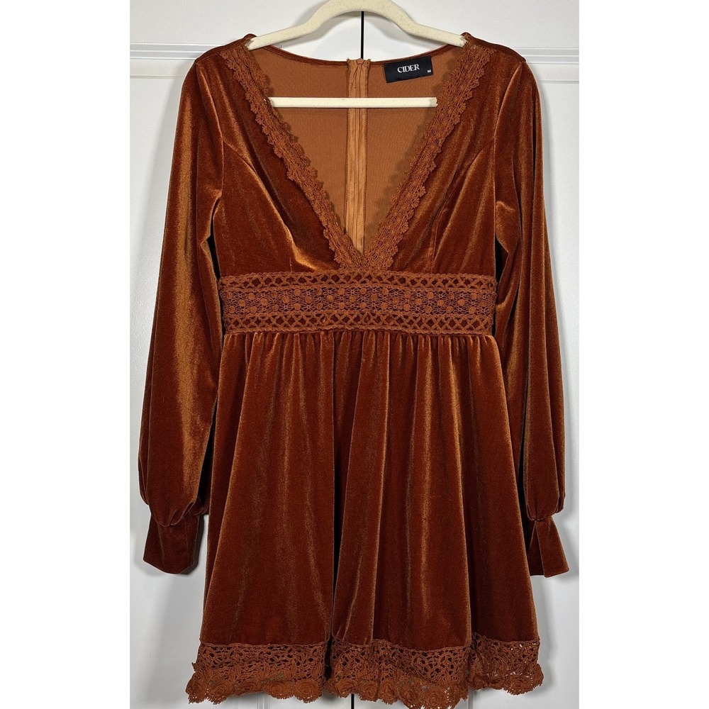 Cider Womens Velvet V-Neck Lace Mini Dress Brown Balloon Sleeve Holiday Boho M